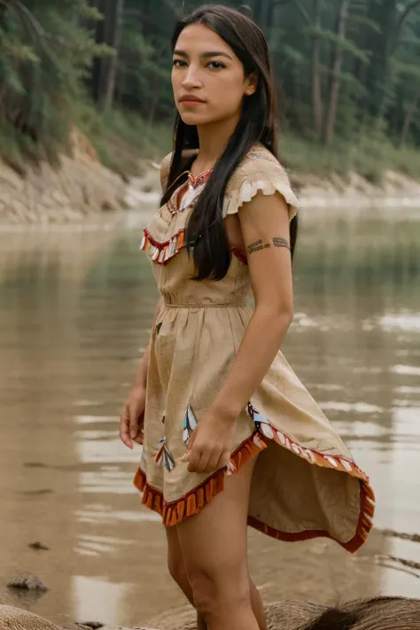 a raw photo portrait of alexandriaocasiocortez woman AND PocahontasWaifu, tribal, dress, standing in large lake, cowboy shot, barefoot, long hair, bokeh <lora:aoc-1.1:1>  <lora:Pocahontas_character:0.5>  <lora:detail_slider_v4:0>  <lora:epiCRealismHelper:1>, detailed skin, highly detailed, sharp focus