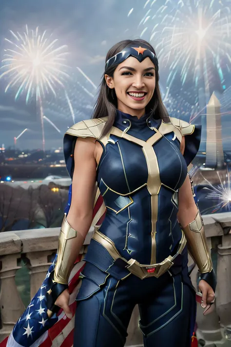 woman <lora:aoc-1.1:0.99> AOC ((full body shot, (superhero pose, power pose)) night sky with fireworks, highly detailed skin, skin pores, smiling, long flowing hair, dynamic lighting, trending on artstation, photoreal 8k UHD , ((American superhero sexy-armor, gauntlets, headband)), ((American flag, Washington DC nighttime background, fireworks))