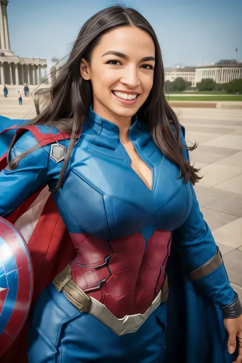 woman <lora:aoc-1.1:1> AOC full body shot bright blue summer sky highly detailed skin, skin pores, smiling, long flowing hair, photoreal 8k UHD , (captain America costume), (((superhero pose))), ((tasteful cleavage)), washington DC background