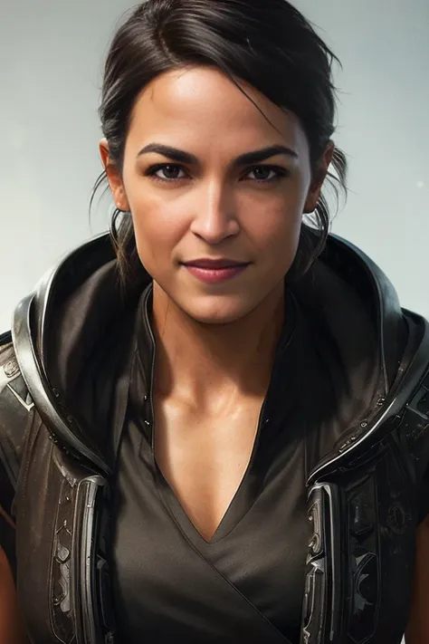 sci-fi, space rogue thief alexandriaocasiocortez woman, (grin:1.1), short dark hair shaved side, black hood, light armor, big brown eyes, beautiful detailed eyes, large breasts, drawn by Greg Rutkowski, Yoji Shinkawa:0.6  <lora:AOC:1>