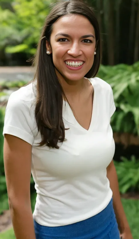 a smiling alexandriaocasiocortez woman with large breasts wearing a short skirt and a tight t-shirt, in a garden, film grain, modelshoot style, Intricate, High Detail, dramatic <lora:aoc-1.0:1>