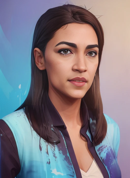 arcane style award winning (half body:1.5) portrait of a sexy alexandriaocasiocortez woman with short ombre brown and blue hairstyle with head in motion and hair flying, (brown iris), highly detailed, fine detail, intricate, ((paint splashes, splatter, outrun, vaporware, cell shaded, (octane render:1), trending on artstation)), perfect detailed eyes, <lora:arcaneStyleLora_offset:1> <lora:AOC:1>