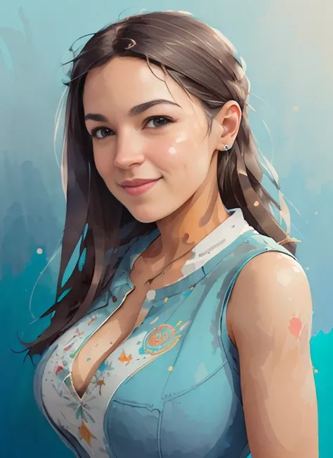 wtrcolor style, Digital art of busty 35 years old alexandriaocasiocortez woman wearing a tight blue dress, elegant brown hair, official art, frontal, smiling, smile, masterpiece, Beautiful, ((watercolor)), face paint, paint splatter, intricate details. Highly detailed, detailed eyes, Trending on artstation, by Rachel Walker, Greg Rutkowski, <lora:vividWatercolorsLora_10:1> <lora:AOC:1>