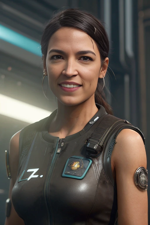 sci-fi,  alexandriaocasiocortez woman as a cybperpunk space explorer, (grin:1.1), short salon dark hair with shaved sides, cyberpunk dress, cyberpunk face alteations, big brown eyes, beautiful detailed eyes, large breasts, drawn by Greg Rutkowski, Yoji Shinkawa:0.6  <lora:AOC:1>