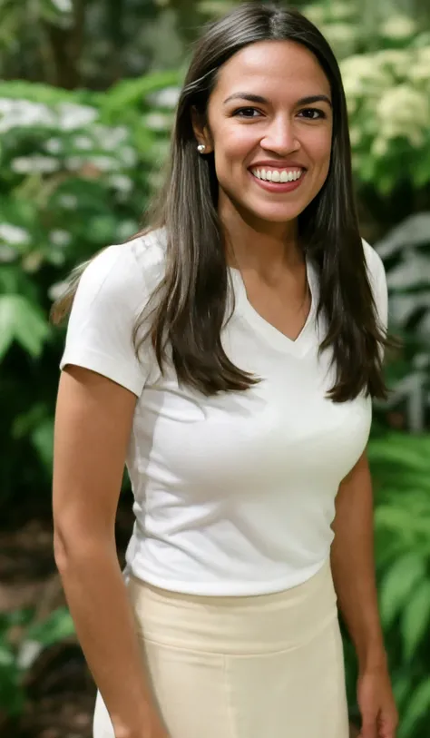a smiling alexandriaocasiocortez woman with large breasts wearing a short skirt and a tight t-shirt, in a garden, film grain, modelshoot style, Intricate, High Detail, dramatic <lora:aoc-1.0:1>