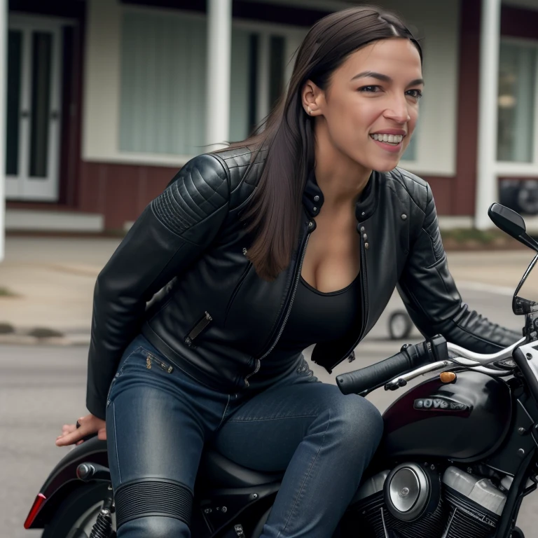 sfw, photo, smiling alexandriaocasiocortez woman is a sexy biker babe, wearing jeans, wearing leather jacket, realistic facial expressions, airbrushed, highly detailed, high quality, masterpiece, 4k, <lora:alexandriaOcasioCortez_10:1>