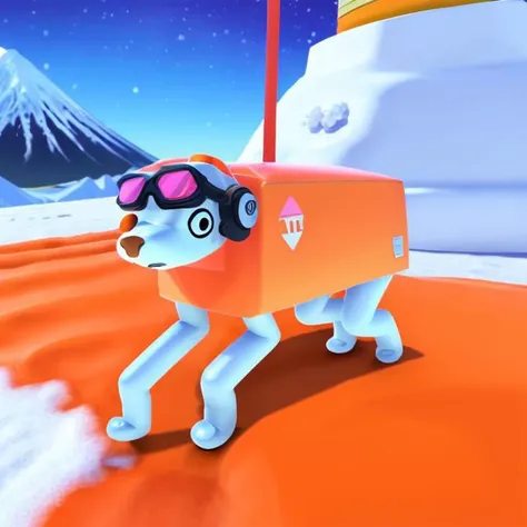 a light blue wobbledog at the top of mount fuji, wearing goggles, wearing headphones,  orange body, winter explorer<lora:dogfinal:0.9>