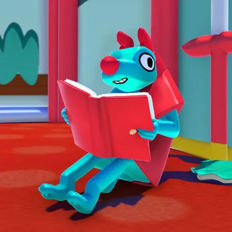 real life photograph, a teal wobbledog, red body, red ears and nose, reading a book <lora:dogfinal:1>