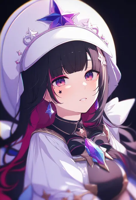 score_9, score_8_up, score_7_up, score_6_up, score_5_up, score_4_up, masterpiece, best quality, <lora:DPOXL:1> <lora:ogipoteXL_AP_V1:1> 1girl, black hair, solo, hat, jewelry, earrings, purple eyes, mole under eye, long hair, looking at viewer, mole, parted lips, white headwear, black background, virtual youtuber, makeup, bangs, multicolored hair, shirt, facial mark, eyeshadow, simple background