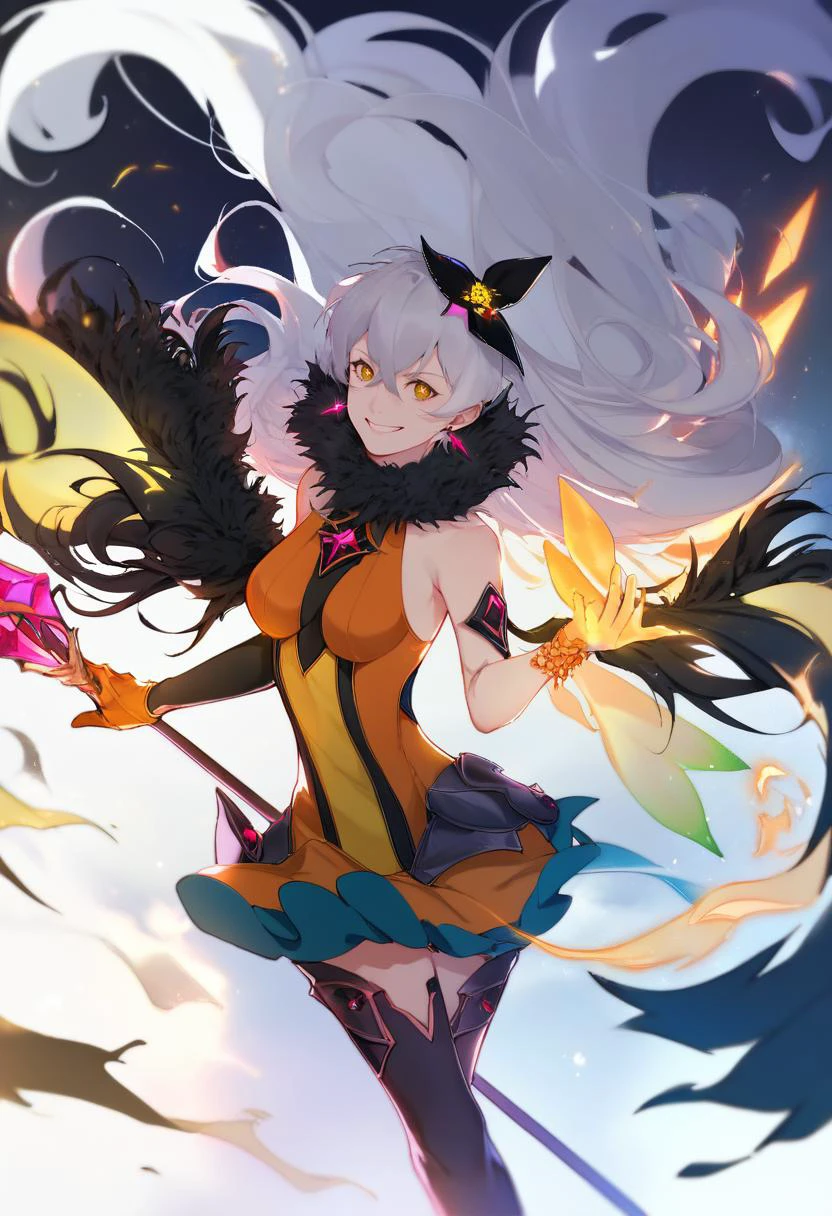 score_9, score_8_up, score_7_up, score_6_up, score_5_up, score_4_up, masterpiece, best quality, <lora:DPOXL:1> <lora:sola7764XL_AP_V1:1>1girl, long hair, solo, gloves, breasts, floating object, hair ornament, kiana kaslana, elbow gloves, yellow eyes, bare shoulders, fur collar, bangs, looking at viewer, floating weapon, hair between eyes, armor, smile, armored dress, sidelocks, single elbow glove, floating, floating hair, very long hair, jewelry, dark persona, polearm, dress, diamond \(shape\), weapon, spear, diamond-shaped pupils, grin, fur trim, medium breasts, earrings, energy wings, light particles, symbol-shaped pupils, orange gloves, white hair