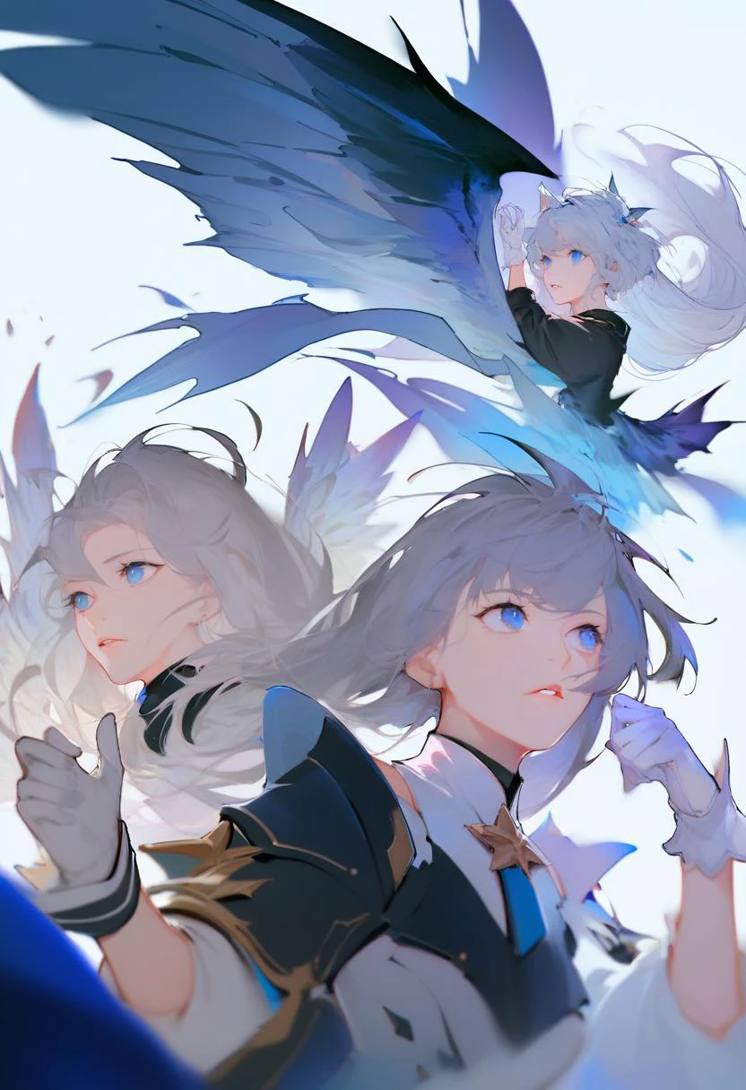 score_9, score_8_up, score_7_up, score_6_up, score_5_up, score_4_up, masterpiece, best quality, <lora:DPOXL:1> <lora:sola7764XL_AP_V1:1>long hair, blue eyes, gloves, white background, white gloves, simple background, multiple girls, wings, grey hair, 2girls, bird, parted lips, bangs, upper body, hand up, looking to the side, long sleeves, 1girl