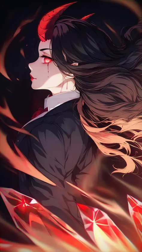 score_9, score_8_up, score_7_up, score_6_up, masterpiece, <lora:hinakiXLAPV1:1>, dark portrait of a face of a demon girl, (profile), flowing hair, black hair, demon horns, red lips, looking at viewer, slit pupils, red eyes, detailed iris, detailed eyes, ((glowing eyes)), burn injury glowing red on her face, flaming eye, made of ([red and black]:1.3) colors,highly detailed, 8k, sharp, professional, clear, high contrast, high saturated, , vivid deep blacks, crystal clear, (focus eyes:1.5), (glowing flying ember on the background:1.3), simple background, blurry background, masterpiece, best quality