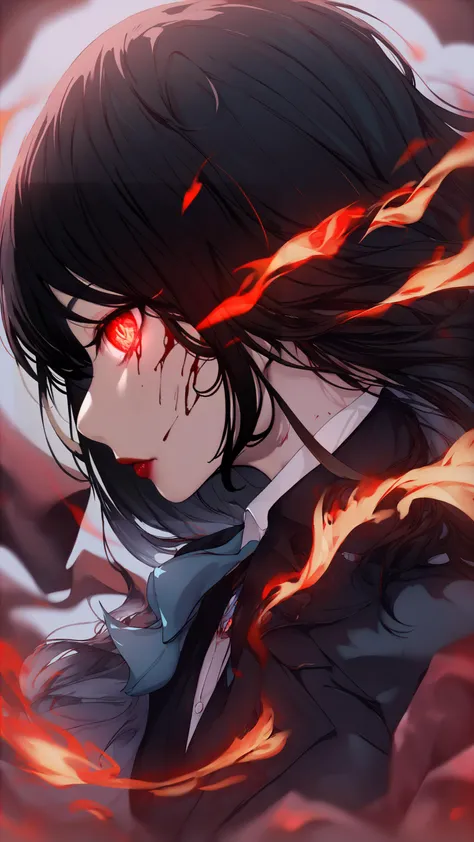 score_9, score_8_up, score_7_up, score_6_up, masterpiece, <lora:hinakiXLAPV1:1>, dark portrait of a face of a demon girl, (profile), flowing hair, black hair, demon horns, red lips, looking at viewer, slit pupils, red eyes, detailed iris, detailed eyes, ((glowing eyes)), burn injury glowing red on her face, flaming eye, made of ([red and black]:1.3) colors,highly detailed, 8k, sharp, professional, clear, high contrast, high saturated, , vivid deep blacks, crystal clear, (focus eyes:1.5), (glowing flying ember on the background:1.3), simple background, blurry background, masterpiece, best quality