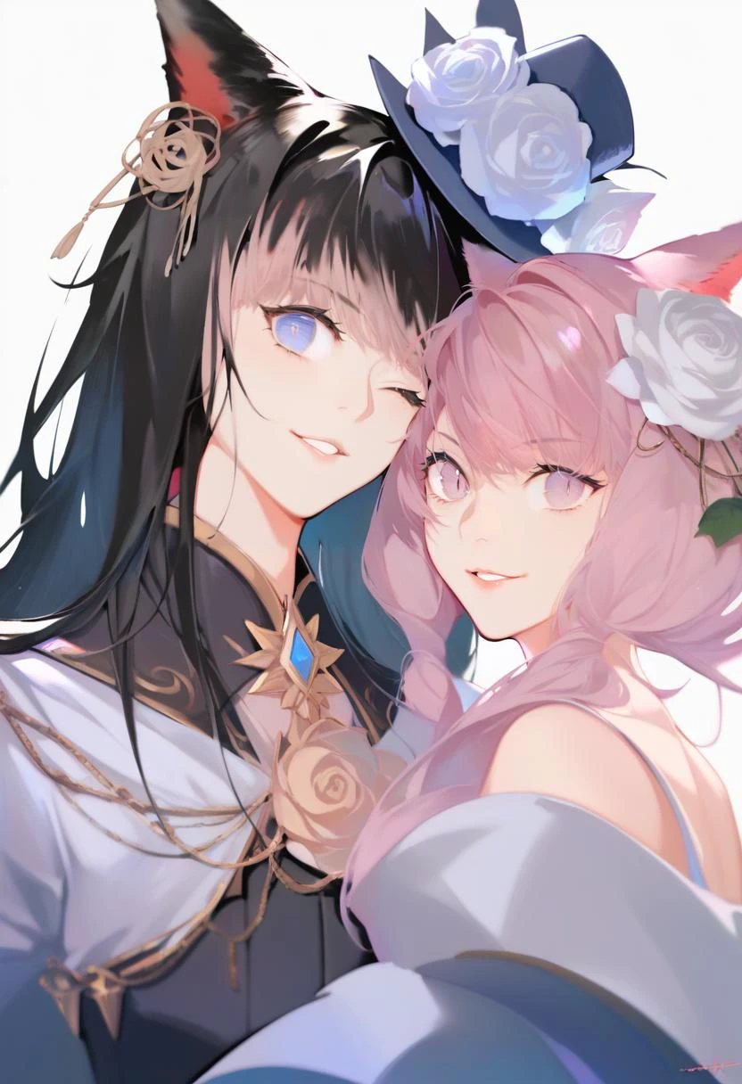 score_9, score_8_up, score_7_up, score_6_up, score_5_up, score_4_up, masterpiece, best quality, <lora:DPOXL:1> <lora:sola7764XL_AP_V1:1>multiple girls, 2girls, miqo'te, animal ears, one eye closed, flower, black hair, white flower, smile, white rose, hat, pink hair, cat ears, hat flower, looking at viewer, rose, long hair, white background, bangs, simple background, blue eyes, avatar \(ff14\), parted lips, white headwear, pink eyes, mini hat, portrait, closed mouth