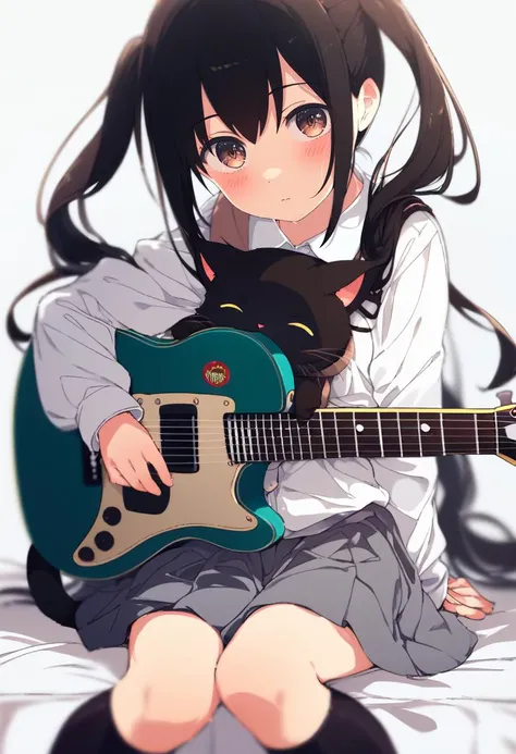 score_9, score_8_up, score_7_up, score_6_up, score_5_up, score_4_up, masterpiece, best quality, <lora:DPOXL:1> <lora:ogipoteXL_AP_V1:1>nakano azusa, 1girl, guitar, instrument, school uniform, black hair, sakuragaoka high school uniform, electric guitar, solo, long hair, twintails, cat, winter uniform, skirt, looking at viewer, brown eyes, blush, white shirt, sitting, shirt, grey skirt, long sleeves, on lap, bangs, black socks, looking up