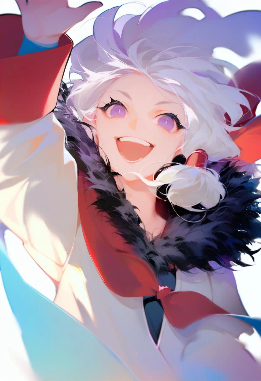 score_9, score_8_up, score_7_up, score_6_up, score_5_up, score_4_up, masterpiece, best quality, <lora:DPOXL:1> <lora:sola7764XL_AP_V1:1>1girl, solo, open mouth, smile, white background, simple background, purple eyes, looking at viewer, upper body, teeth, white hair, arm up, blonde hair, red bow, :d, hand up, sidelocks, fur trim, waving, hair tubes