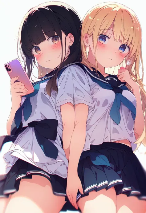score_9, score_8_up, score_7_up, score_6_up, score_5_up, score_4_up, masterpiece, best quality, <lora:DPOXL:1> <lora:ogipoteXL_AP_V1:1> 2girls, blonde hair, multiple girls, school uniform, black hair, blue eyes, looking at viewer, blush, brown eyes, long hair, serafuku, phone, skirt, cellphone, sailor collar, white background, bangs, closed mouth, simple background