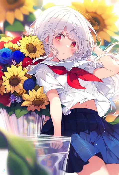 score_9, score_8_up, score_7_up, score_6_up, score_5_up, score_4_up, masterpiece, best quality, <lora:DPOXL:1> <lora:ogipoteXL_AP_V1:1> 1girl, flower, solo, skirt, sunflower, yellow flower, long hair, blush, shirt, looking at viewer, short sleeves, school uniform, navel, white shirt, red eyes, neckerchief, blue flower, red neckerchief, white hair, bangs, pleated skirt, floating hair, blue skirt, red flower, bouquet, multicolored eyes, leaf