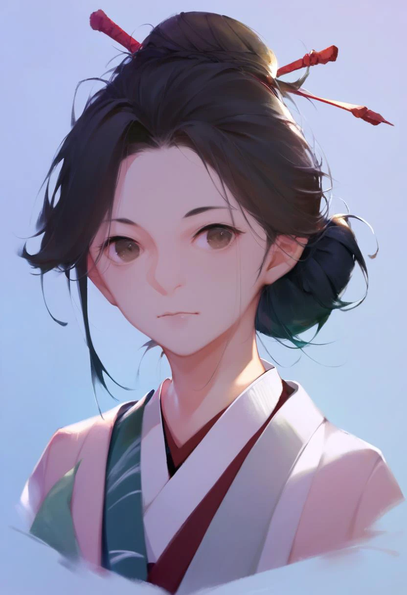score_9, score_8_up, score_7_up, score_6_up, score_5_up, score_4_up, masterpiece, best quality, <lora:DPOXL:1> <lora:sola7764XL_AP_V1:1>1girl, solo, white background, japanese clothes, looking at viewer, closed mouth, simple background, brown eyes, kimono, hair bun, upper body, black hair, single hair bun, portrait, brown hair