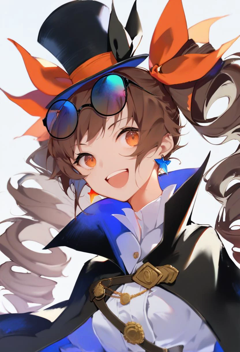 score_9, score_8_up, score_7_up, score_6_up, score_5_up, score_4_up, masterpiece, best quality, <lora:DPOXL:1> <lora:sola7764XL_AP_V1:1>1girl, eyewear on head, yorigami jo'on, hat, sunglasses, top hat, drill hair, open mouth, solo, hat bow, bow, smile, jewelry, twin drills, earrings, round eyewear, black headwear, orange eyes, high collar, brown hair, looking at viewer, :d, upper body, ribbon, bangs, long hair, portrait, coat, mini top hat, hair bow