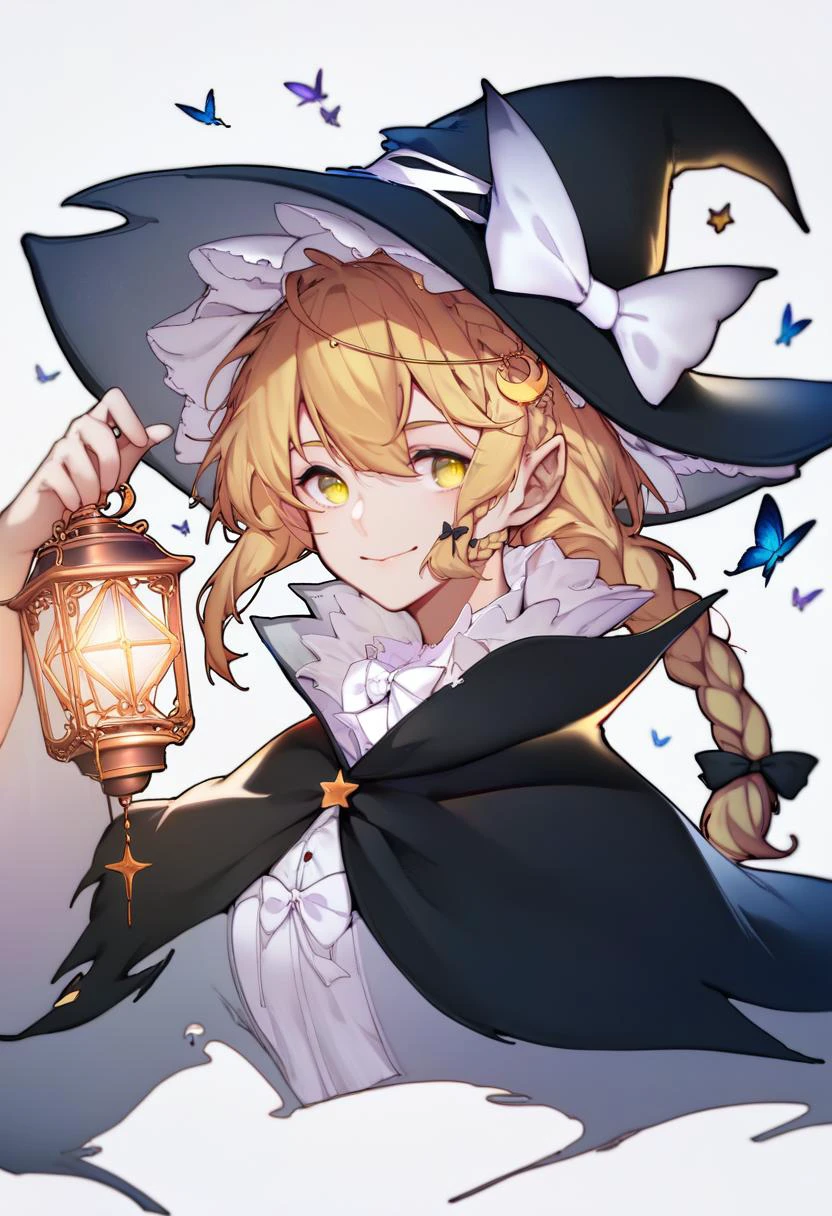 score_9, score_8_up, score_7_up, score_6_up, score_5_up, score_4_up, masterpiece, best quality, <lora:DPOXL:1> <lora:sola7764XL_AP_V1:1>1girl, kirisame marisa, hat, solo, witch hat, blonde hair, smile, bow, long hair, looking at viewer, braid, white background, black headwear, white bow, bug, star \(symbol\), simple background, hair bow, hat bow, closed mouth, butterfly, hair between eyes, yellow eyes, hat ornament, ribbon, black bow, bangs, flower, single braid, portrait, crescent, lantern, hair ornament