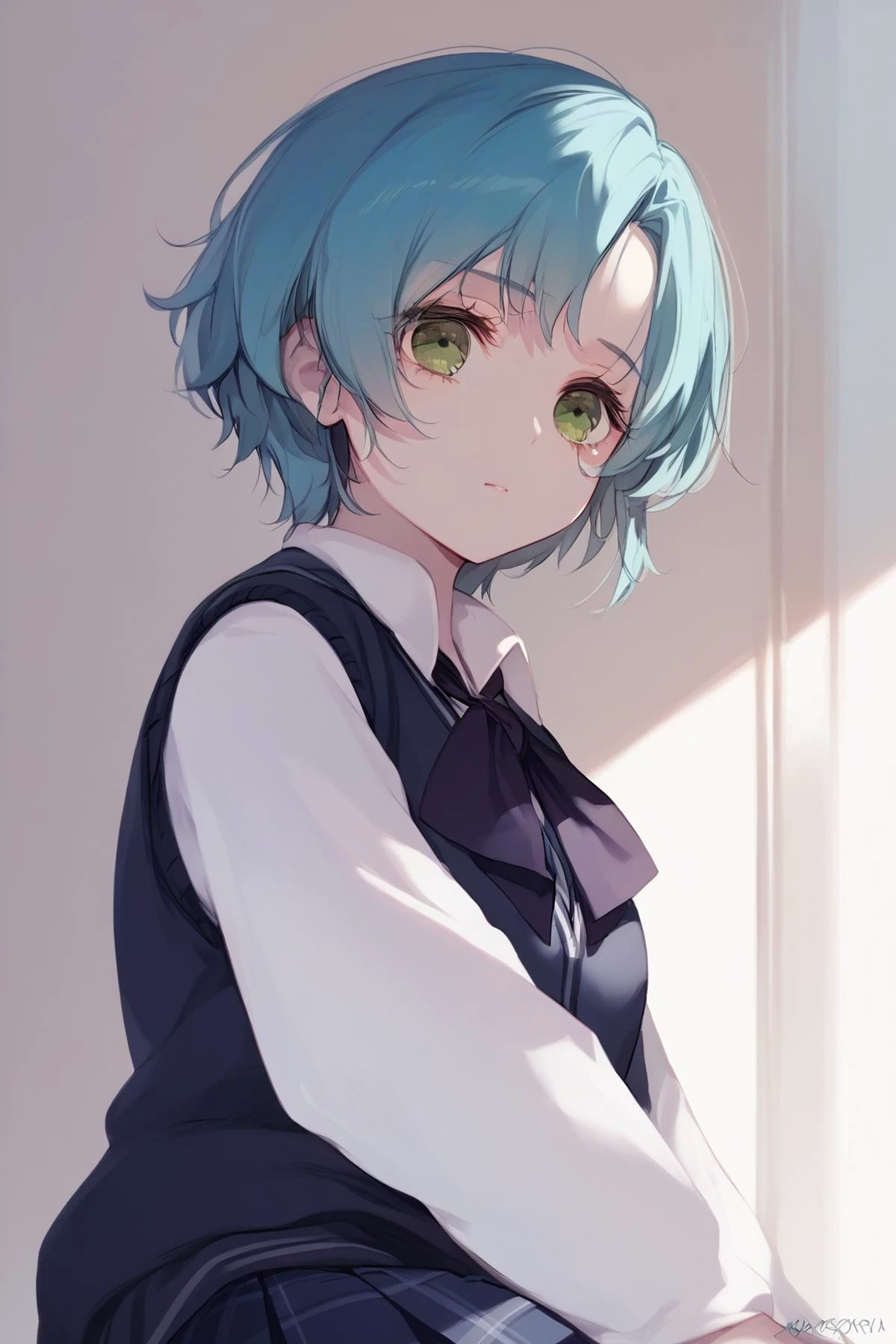 score_9,score_8_up,score_7_up,score_6_up,score_5_up,score_4_up,<lora:towa-000007:0.8>,1girl, solo, green eyes, black socks, school uniform,plaid skirt, short hair, white shirt, pleated skirt, loafers, blue hair, sweater vest, black bowtie