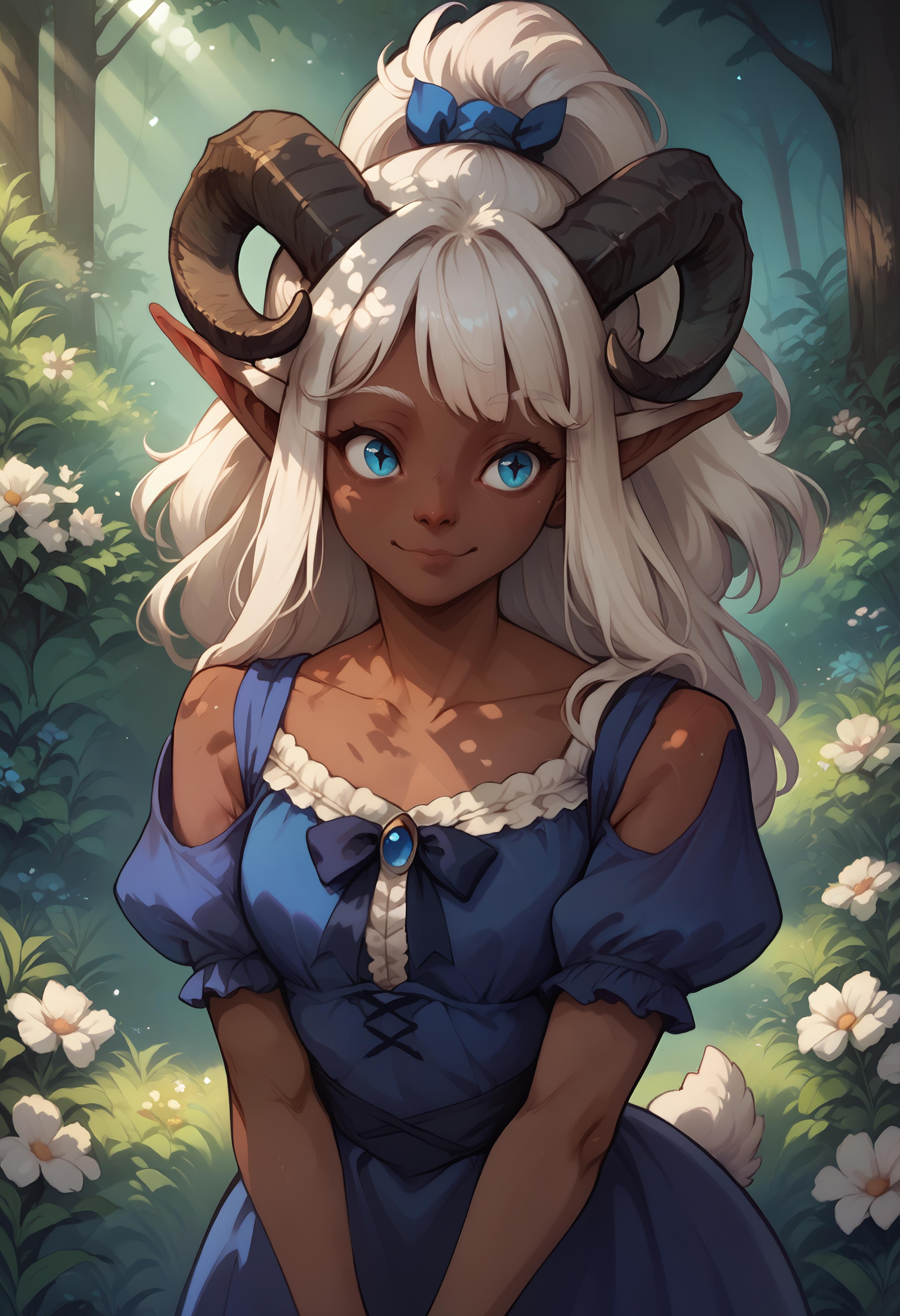A woman in a blue dress with horns and a hat - SeaArt AI