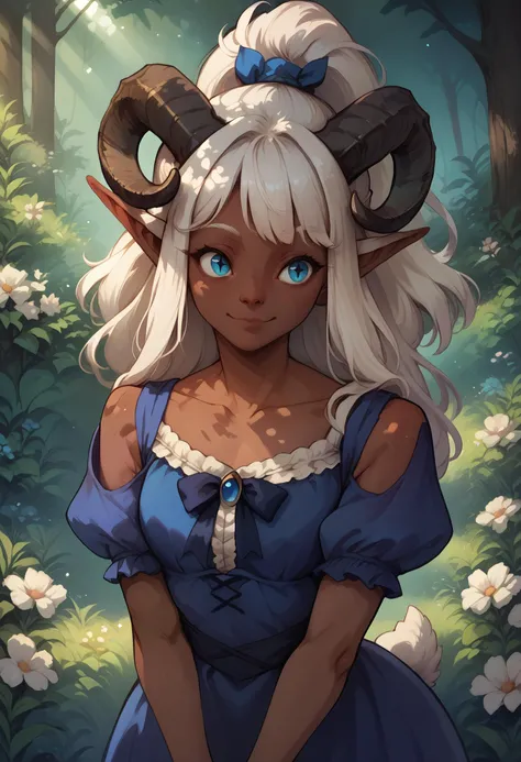 score_9, score_8_up, score_7_up, score_6_up BREAK solo,outdoors,forest,dappled sunlight,flowers,happy,blue dress,ribbons,frills,puffy sleeves,neck tuft,sheep horns,NSSindragosaWoW, high ponytail, long hair, bangs, white hair, pointy ears, dark-skinned female, split pupils <lora:NSSindragosaWoW:0.8>