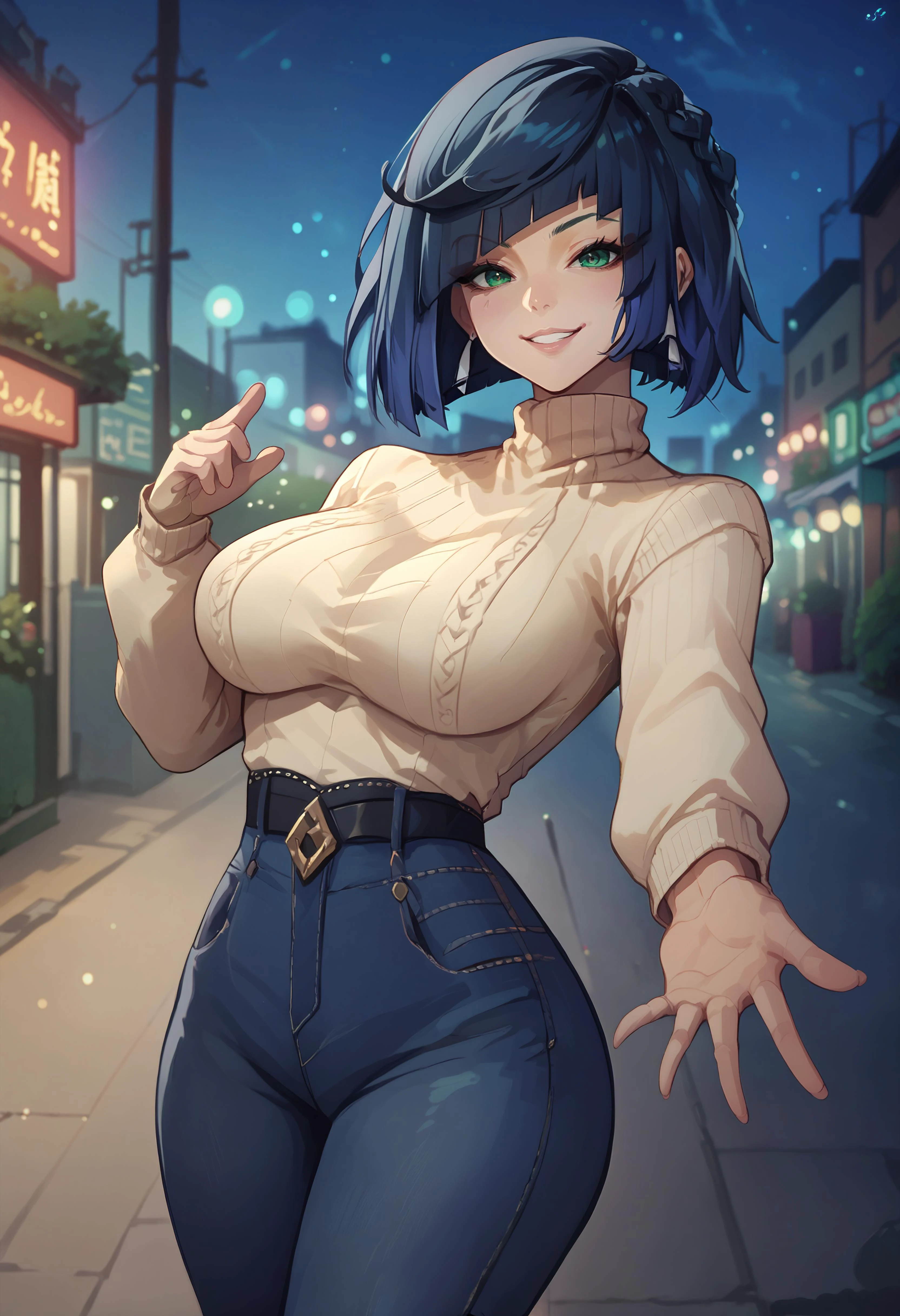 score_9, score_8_up, score_7_up, score_6_up BREAK beckoning, reaching towards viewer,solo,street,night,neon,bokeh,depth of field,yelanv11,green eyes,blue hair,short hair, bob cut, bangs, large breasts,high-waist jeans,belt,turtleneck sweater,wide hips,smile <lora:yelanxl:0.8> <lora:Beckoning_XLPD:0.8>