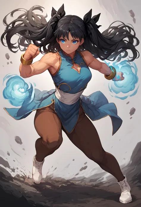 score_9, score_8_up, score_7_up, score_6_up BREAK solo,full body,chun-li \(cosplay\),sleeveless,bracelets,white footwear,brown leggings,EPfsnRin,long hair, black hair, hair ribbon, two side up, twin-tails, blue eyes,clenched hands,fighting pose,knee up,aura,toned,serious <lora:EPfsnRinPony:1>