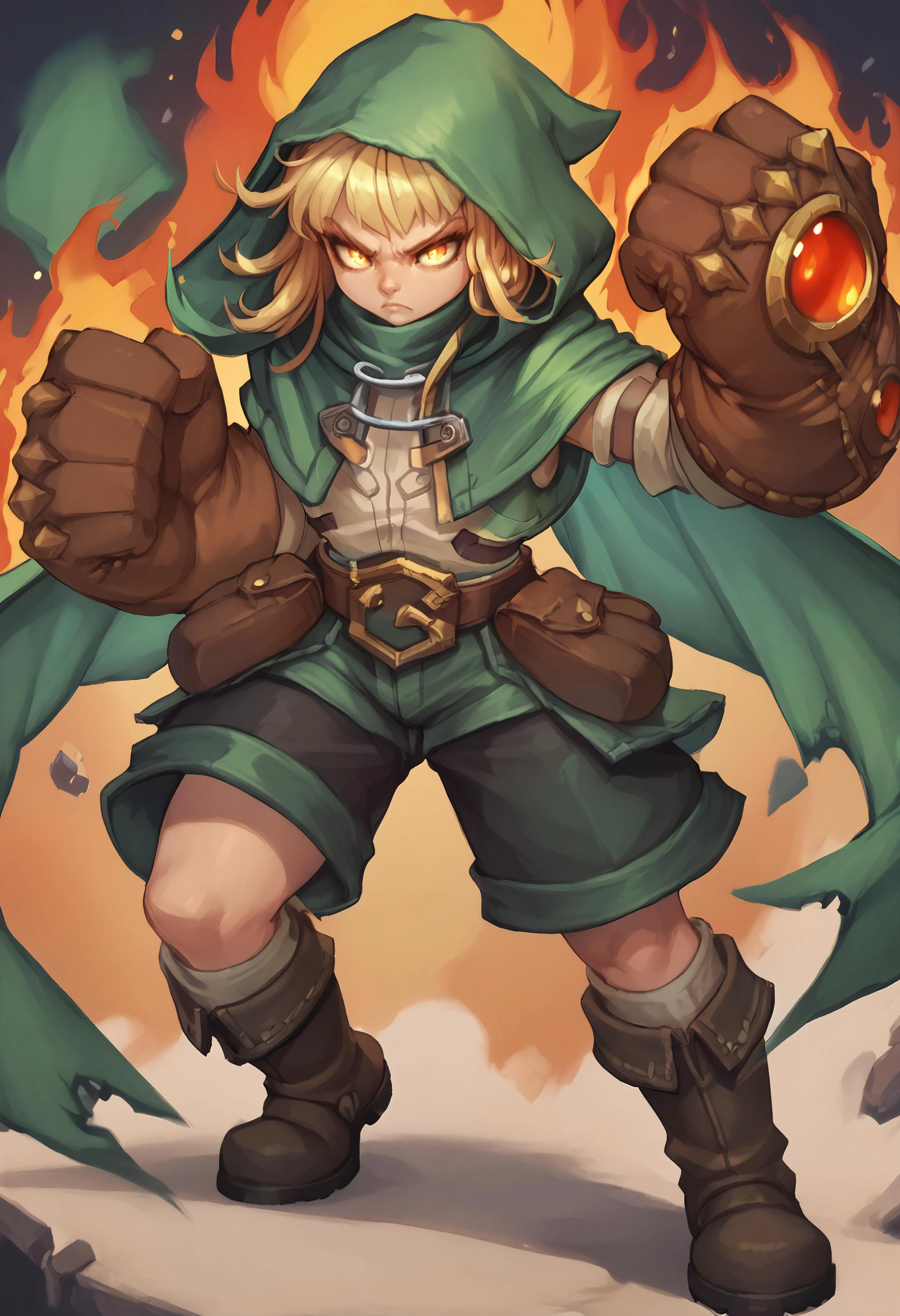 score_9, score_8_up, score_7_up, score_6_up BREAK solo,punching,aura,glowing eyes,serious, cloak, gloves, oversized limbs, belt, short hair, hood, pouch, boots, top, shorts, clenched hands,fire <lora:GullyPonyLora:1>