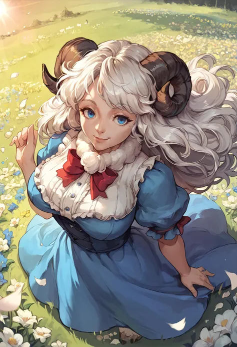 score_9, score_8_up, score_7_up, score_6_up BREAK solo,outdoors,field,flowers,sunbeam,sheep girl,neck tuft,white hair,sheep horns,blue eyes,blue dress,frills,puffy sleeves,ribbons,bowtie,long hair,lens flare,from above,happy,wind,petals,mature female,milf