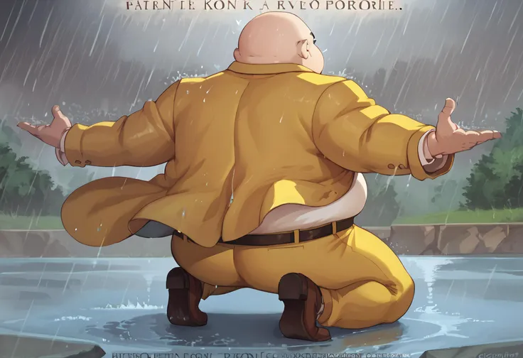 score_9, score_8_up, score_7_up, score_6_up BREAK IncrsSRPoster, outstretched arms, rain, from behind, outdoors, poster,english text,p5principal, fat man, obese, bald,kneeling,yellow jacket, formal, white shirt, belt, yellow pants, brown shoes <lora:ShawshankRedemptionPoster_XLPD:1.2> <lora:p5kobayakawa-pdxl-nvwls-v1:0.8>