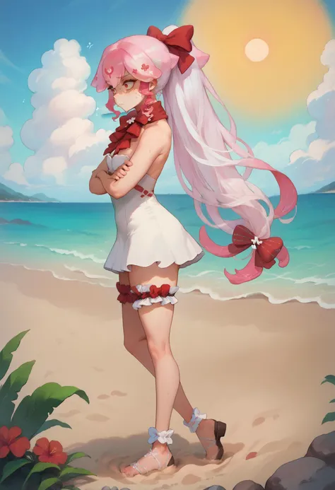 score_9, score_8_up, score_7_up, source_anime, 1girl, solo, <lora:Bao_XLPD:1>, outdoors, BaoWinter, pink hair, liquid hair, ponytail, bangs, long hair, white hair bow, white dress, short dress, short skirt, red bow, bare shoulders, thighs, bridal garter, beach, sweat, confused, sun, water, ocean, hand around neck, sand, full body, crossed arms, from side,