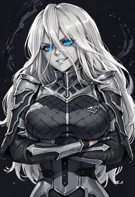 score_9, score_7_up BREAK monochrome,greyscale,black background,abstract background,AngeliseReiter, white hair, long hair, hair between eyes, makeup,armored dress, black dress, gauntlets, shoulder armor, metal underbust, blue eyes,,evil grin,upper body,crossed arms,glowing eyes <lora:ChamAngeliseReiterPonyXL:1>