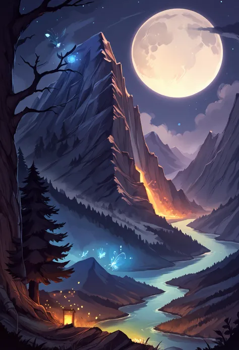 score_9, score_8_up, score_7_up,soft shadows, (night:1.4), darkness, moonlight BREAK
no humans, scenery, beautiful landscape, river, huge tree, lonely tree, giant mountains, night, fireflies, (glowing:1.1), magic, magic particles, (spell:1.1), full moon