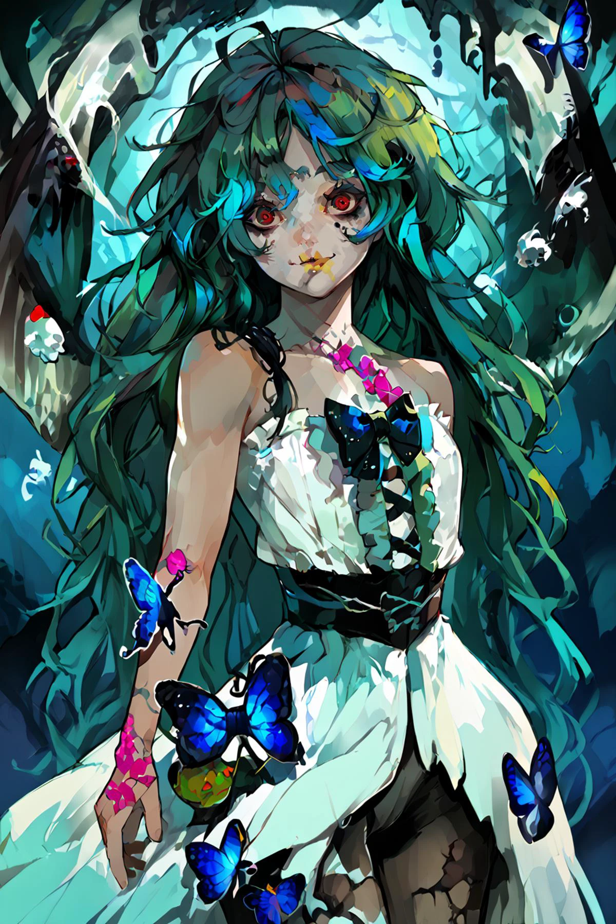 score_9, score_8_up, score_7_up, score_6_up, score_5_up, source anime, BREAK, (dark-skinned female), (angel wing), dark skin, 1girl, red eyes, very long hair, gradient hair, teal hair, green hair, messy hair, wild hair, smile, closed mouth, solo, eyeliner, fantasy landscape, ((horror)), bare shoulders, looking at viewer, (cowboy shot), uncensored, androgynous, (flat chest), (green gown), <lora:LFashionPDXL:0.95> , zzLFashion, frills, bow, dress, pantyhose, <lora:ju1ch3XLP:0.8> , ju1ch3, <lora:LAMXLP6lokrV4236:0.8>