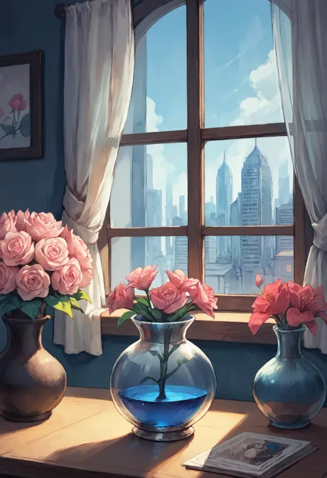 score_9, score_8_up, score_7_up,soft shadows BREAK
no humans, table, transparent vase, blue water, vase with pink flowers, stuffed rabbit toy, window, cityscape, detailed room, (close up:1.1), vase in front of window