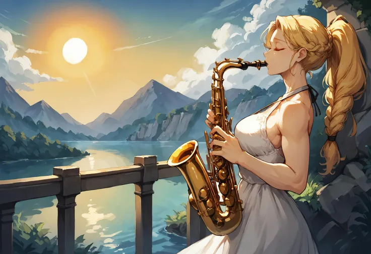 score_9, score_8_up, score_7_up, soft shadows,1girl,rating_safe, (SH_S4X:1.1), (playing instrument:1.1), saxophone, holding saxophone, rating_safe, leaning back, head back, standing on a cliff, from side, blonde hair,braided hair, sun, sun light, sun shafts, bokeh, hands up,ponytail braid, single braid, long hair, beautiful white dress, river, railing, saxophone in mouth, closed eyes, beautiful detailed background, mature female, halter dress
<lora:Sheeps_Saxophone:0.9>
