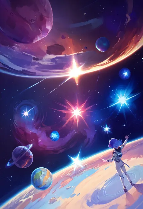 score_9,score_7_up, very wide shot, space, galaxy, nebula, planet, ground,dutch angle, [(female, solo, full body, standing, astronaut, fox ears, closed eyes, happy, looking at viewer, smile, open mouth, standing, blue eyes, arms at side:0.5)::0.1]