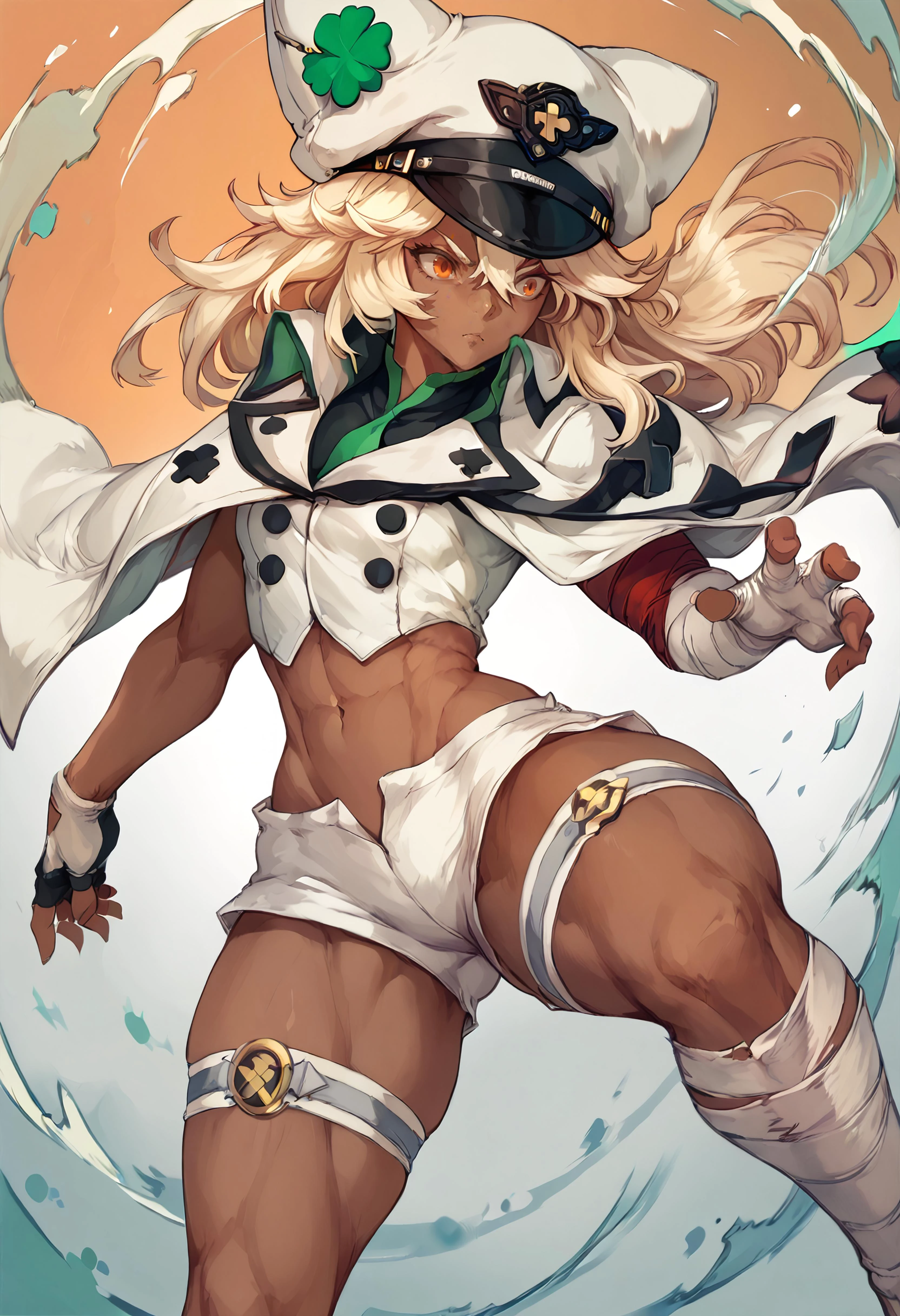score_9, score_8_up, score_7_up, score_6_up BREAK 1girl,abstract background,wide hips,thick thighs,striveramlethal, dark skin, orange eyes,hat, four-leaf clover, white shirt, white gloves, fingerless gloves, white shorts, thigh strap, bandages, bandaged arm, bandaged leg, midriff,toned,fighting stance,knee up <lora:guiltygear_strive_ramlethal_ponyXL:0.8>