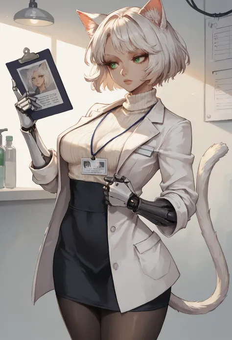 score_9, score_8_up, score_7_up, soft shadows, solo,1girl, white cat girl,white cat ears, white hair, short hair,cat tail, green eyes, medium breasts,maskara, eyelashes, (cybernetic arms:1.2), cowboy shot, standing,detailed eyes, white sweater, lab coat, open lab coat, black skirt, pantyhose, id card, holding, holding clipboard