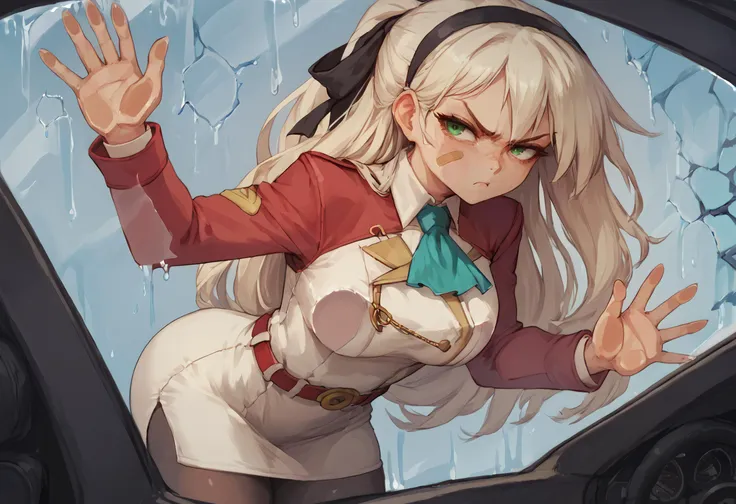 score_9, score_8_up, score_7_up, score_6_up BREAK against glass, povagainstcar,cracked glass, zeroElie, black hairband, hair ribbon, long hair, ascot, uniform, long red sleeves, white dress, pencil skirt, belt, pantyhose,scratch,bruised,motion lines,face press,bandaid,annoyed,torn clothes,looking at viewer,green eyes <lora:elie-pdxl-nvwls-v1:0.8> <lora:povagainstcar-guy-PONYv1:0.8>