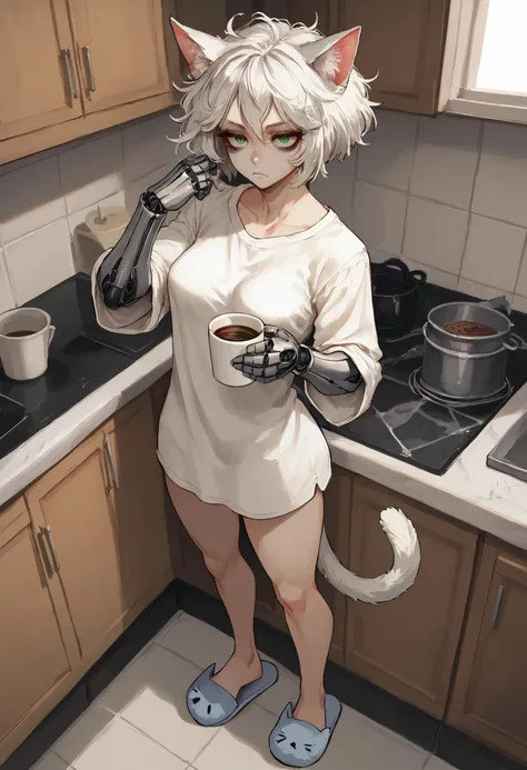 score_9, score_8_up, score_7_up, soft shadows, solo,1girl, white cat girl, cat ears, white hair, short hair,cat tail, green eyes, medium breasts,maskara, eyelashes, (cybernetic arms:1.2), messy hair,full body,standing,oversized pajama shirt, bags under eyes, (holding cup of coffee:1.2),bad posture, slouching, (cat slippers:1.1), standing, kitchen, against kitchen counter, expressionless, adjusting hair