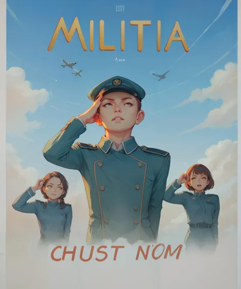 ... ( poster of military propaganda, traditional media, english text:1.1), 1boy, 2girls, (a tall strong male in front:1.5), two young girls behind, wearing military uniform, kepi, (salutation continence:1.5), airplanes on the sky, smoke trail, ... masterpiece, soft lighting, real colors, detailed, intricate details, highres, realistic, score_9, score_8_up, score_7_up, score_6_up, score_5_up, score_4_up.