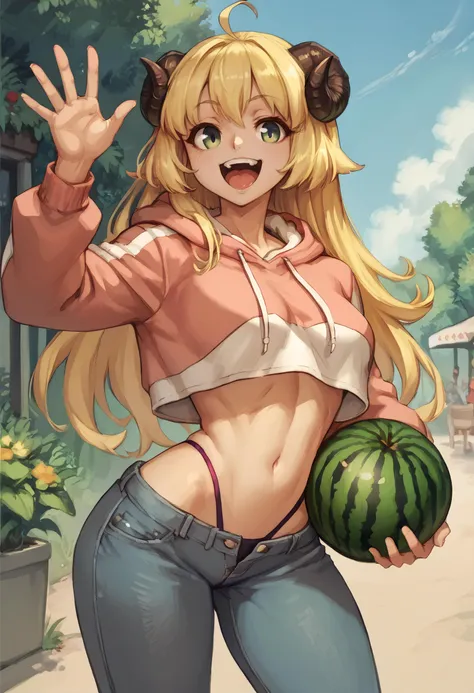 score_9, score_8_up, score_7_up, score_6_up BREAK TsunomakiWatame, horns, long hair, ahoge,cropped hoodie,midriff,jeans,holding watermelon,highleg panties,happy,waving,outdoors,solo <lora:CHAR-TsunomakiWatamePonyXL:0.8>