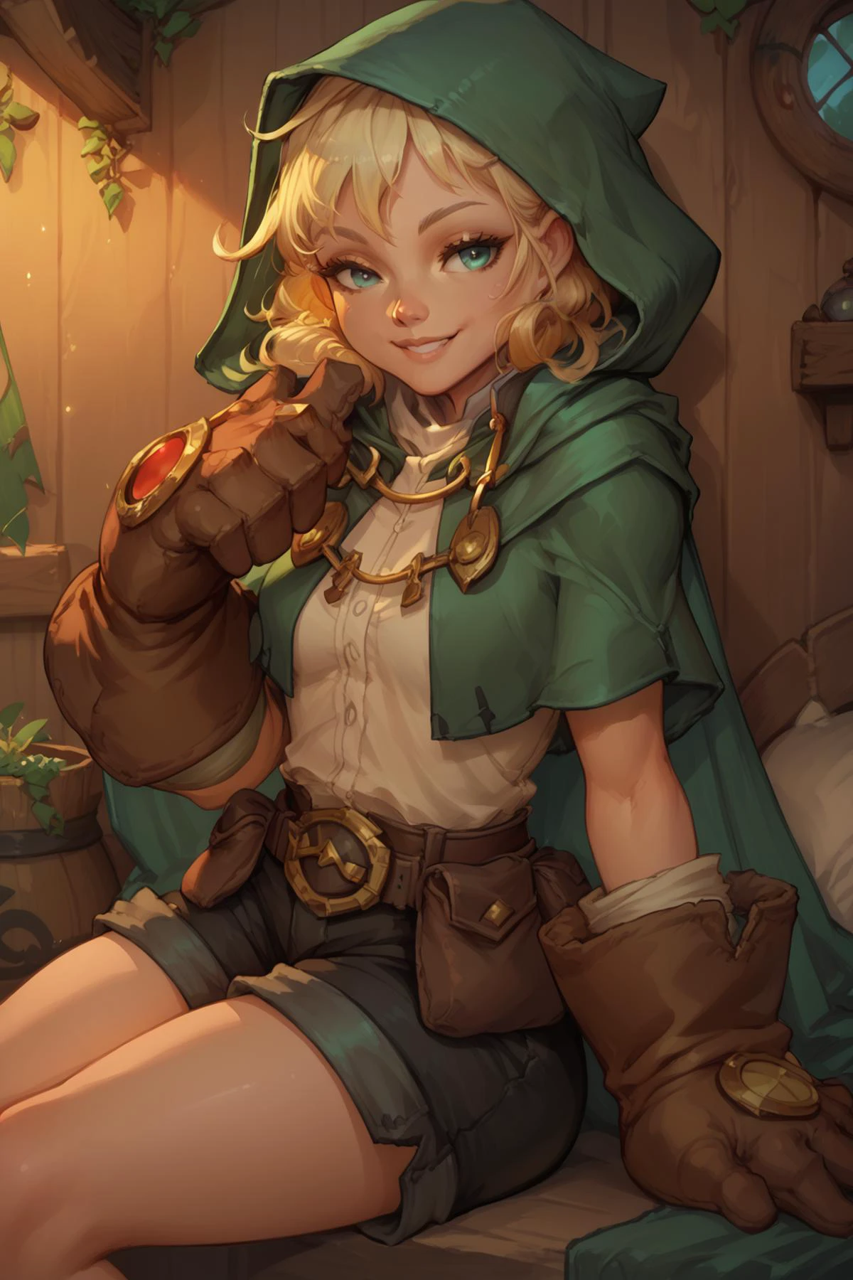 score_9, score_8_up, score_7_up, masterpiece, high quality
<lora:GullyPonyLora:0.8> 1girl, cloak, gloves, oversized limbs, belt, short hair, hood, pouch, top, shorts, smile, sitting in front of an old hut, daydreaming