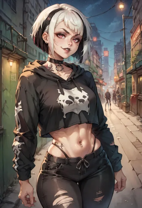 score_9, score_8_up, score_7_up, BREAK solo,edgScene,multicolored hair, two-tone hair,night,alley,city,bokeh,sweatshirt,midriff,torn pants,navel piercing,smug,white hair,diagonal bangs,streaked hair,pink eyes,bob cut,wide hips,tattoos,goth makeup,black lips,choker <lora:edgScenePonyv1:0.7>