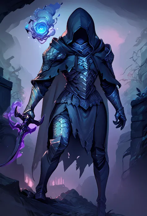 embedding:PonyXLV6_Scores, solo, armor, shoulder pads, gauntlets, greaves, scales, cloak, hood, hood up, faceless, pale blue magic, arkane_dark, holding dagger, readying attack, mist, fog, dashing forward, <lora:Black_Knife_Tiche_XL:1> <lora:dark_magiks:1>