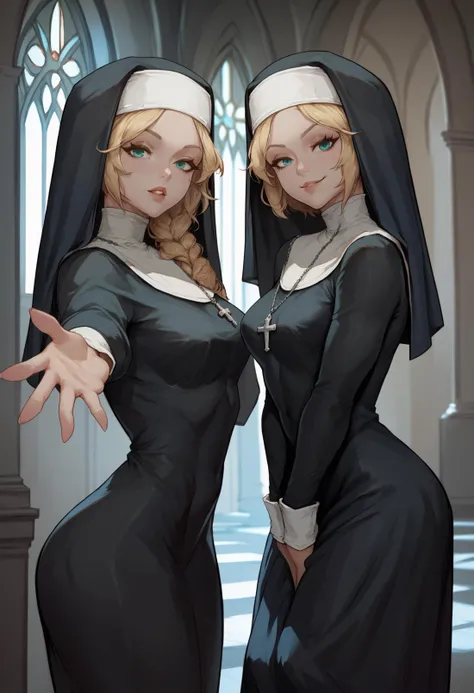 score_9,score_8_up,score_7_up, score_6_up, female, nun, dress, cowboy shot, standing, 2girls,from side, looking at viewer, twins,indoors, church, side-by-side, blurred background, black dress,
BREAK 1girl, nun, habit, dress, medium breasts, single braid, hair over shoulder, blonde hair, parted lips, teeth, reaching towards viewer, reaching out,
BREAK ,
BREAK 1girl, nun, habit, dress, medium breasts, single braid, blonde hair, smirk, light smile, hand between legs, own hands together, v arms, overskirt,